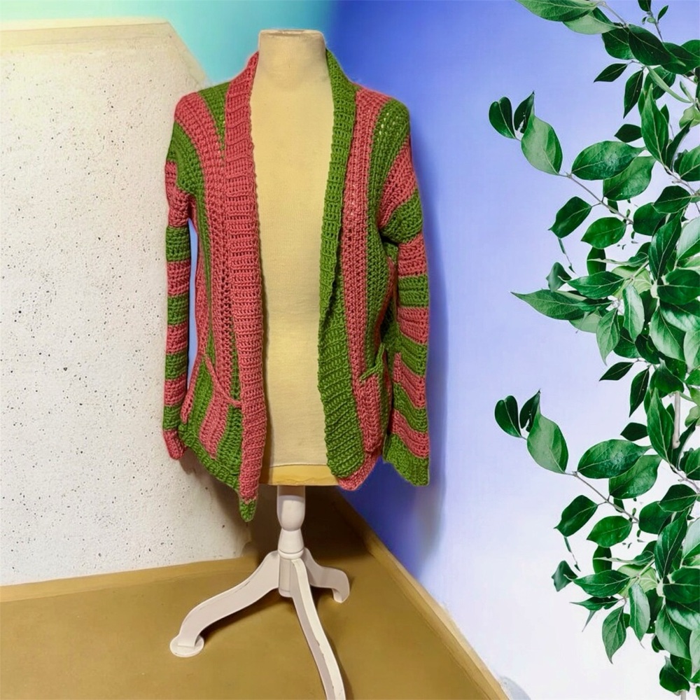 Handmade pink and green stripped Cardigan